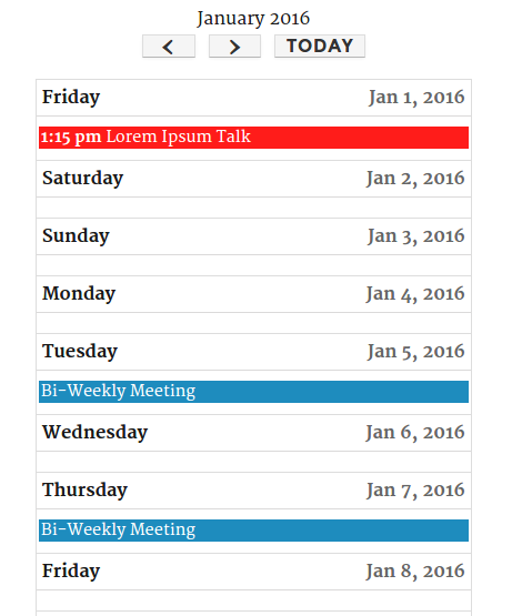 Event Organiser calendar shortcode rendered on a mobile device showing a compact responsive calendar grid with events on their scheduled dates