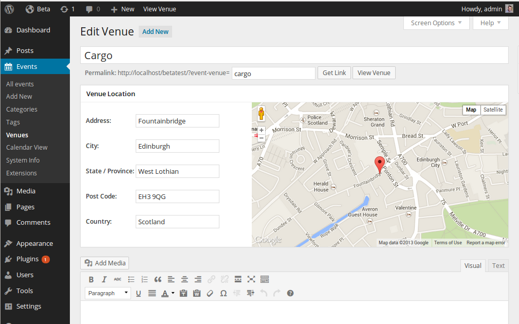 Event Organiser venue editing screen in WordPress admin showing venue name, address fields, and an embedded Google Maps widget with a pin at the geocoded location