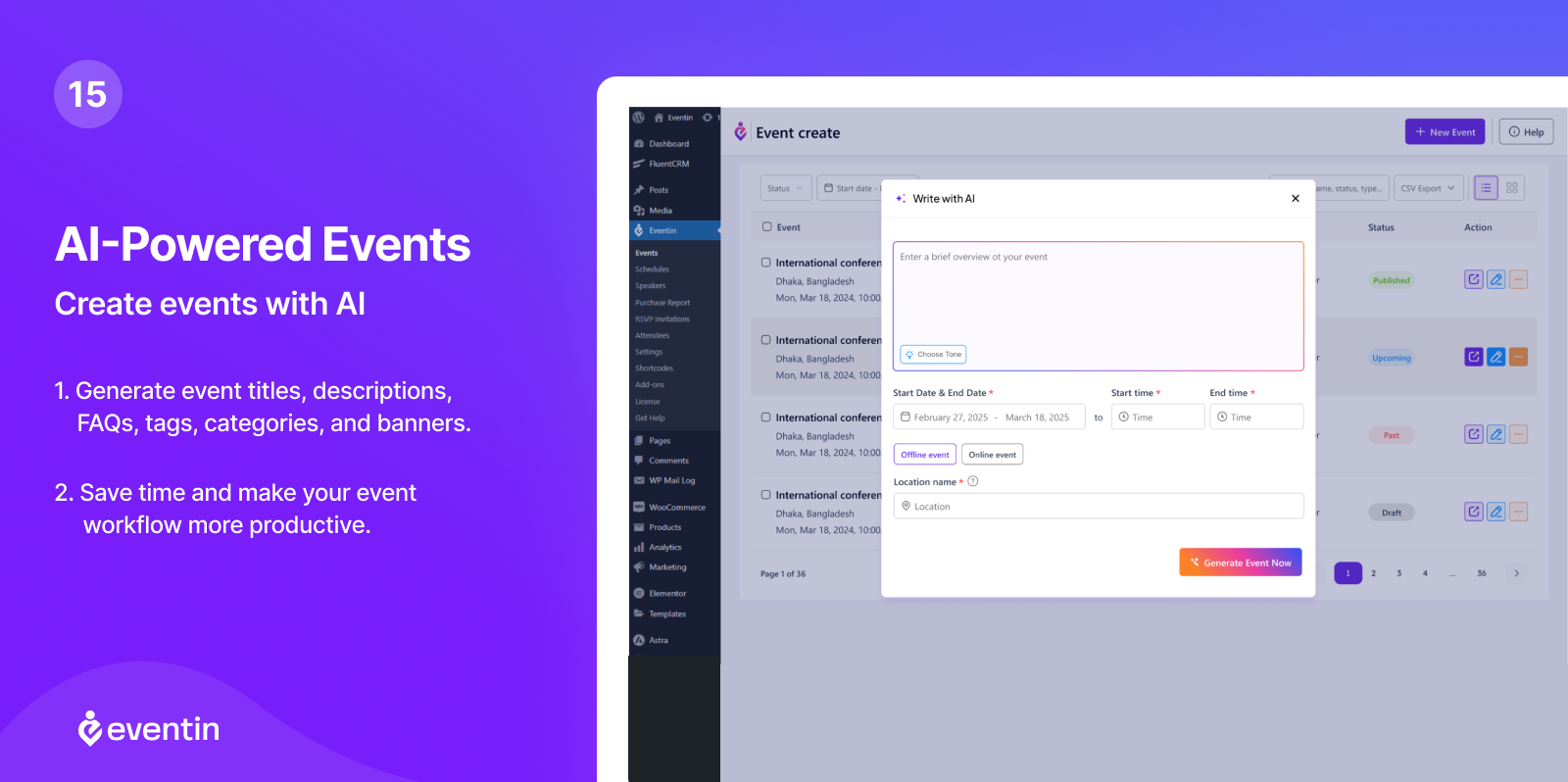 Eventin AI-powered event creation interface showing a text input prompt field where an organizer describes their event, with the system displaying generated event details including title, description, schedule, and speaker stubs ready for review