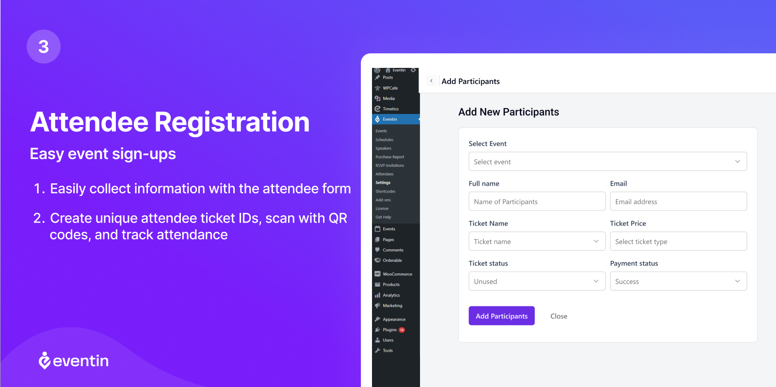 Eventin attendee registration report screen showing registered attendees with their names, email addresses, ticket types, registration dates, and check-in status, along with an export option