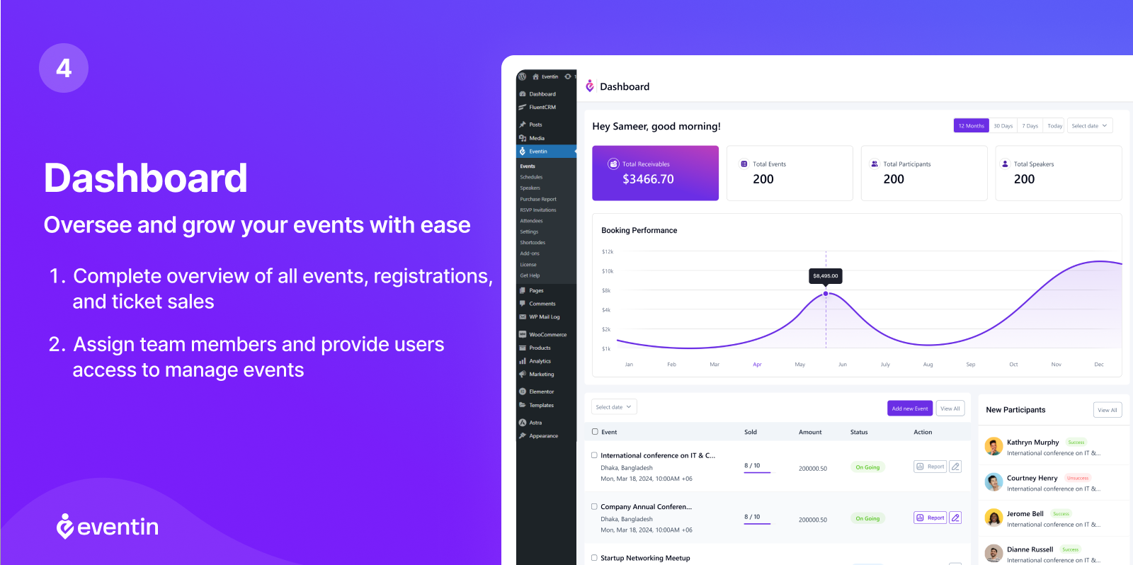 Eventin events dashboard in WordPress admin showing a list of events with columns for event title, date, status, capacity, and ticket sales, with action buttons for viewing and editing each event