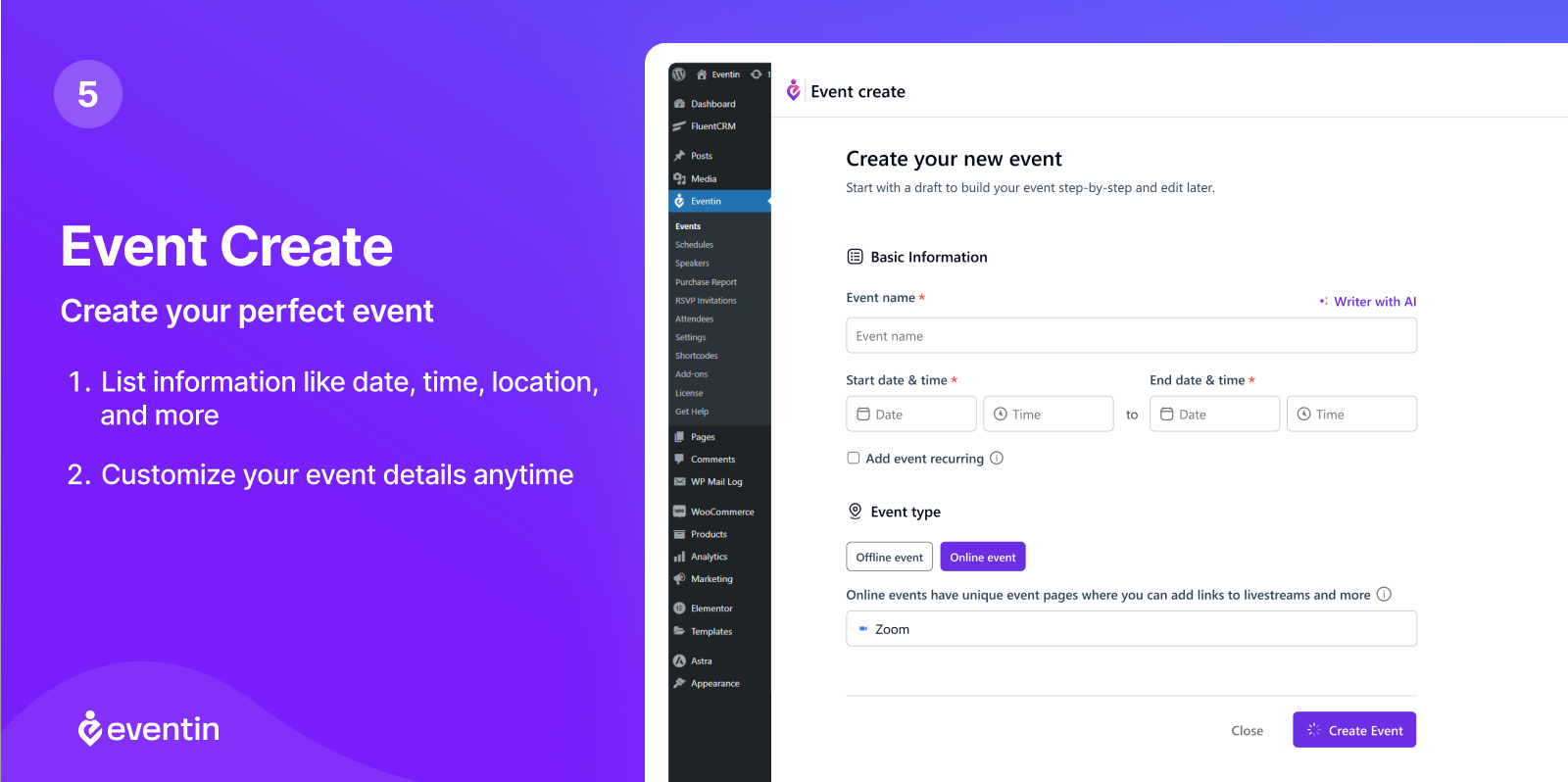 Eventin event creation screen in WordPress admin showing fields for event title, date and time, event type selector, location, and ticket configuration sections with a structured layout