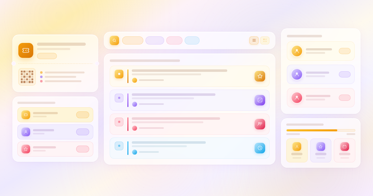Eventin review featured banner showing event management capabilities with ticket card, session schedule, and speaker profile panels in a warm amber and violet glassmorphism design