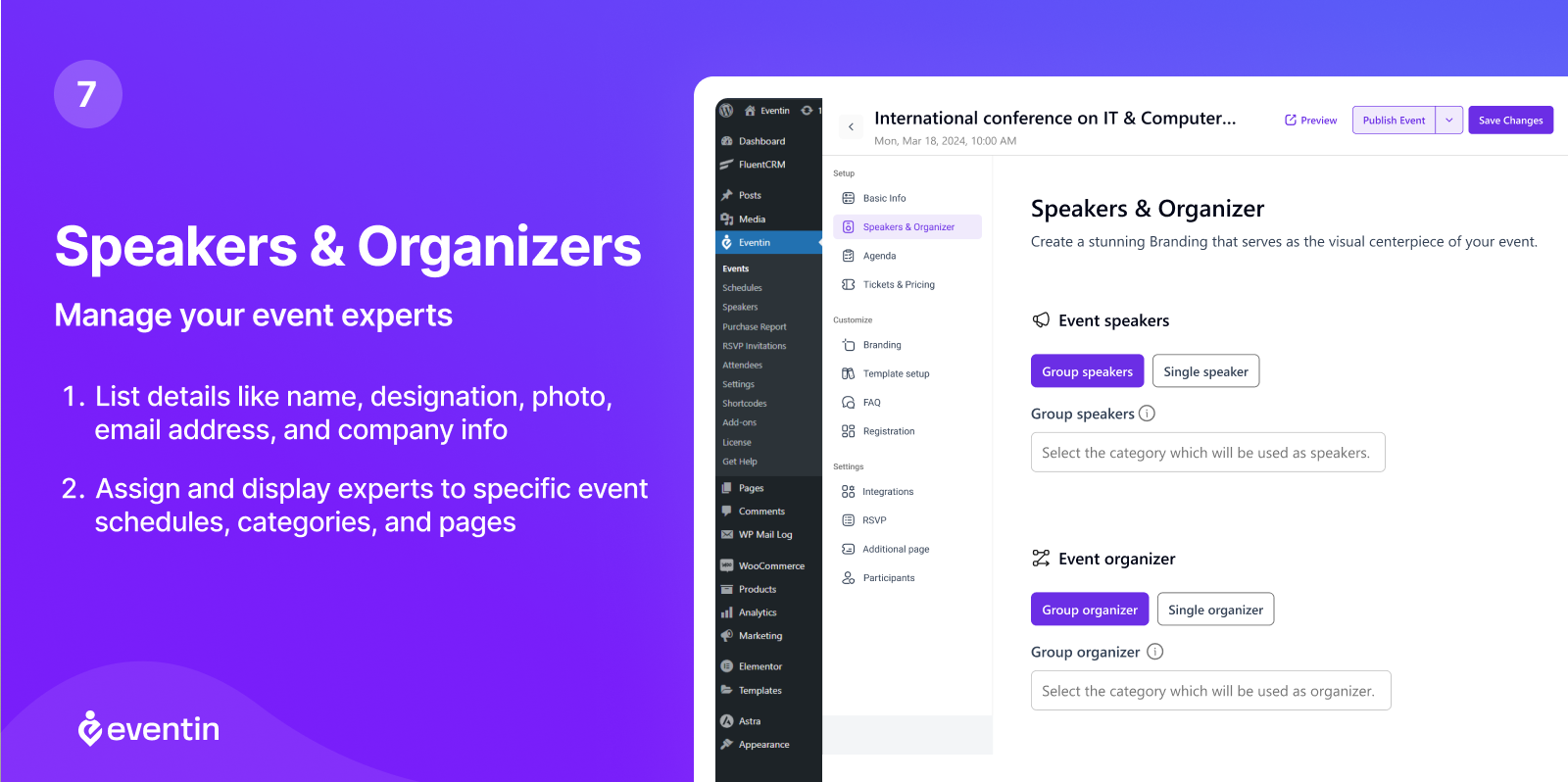 Eventin speaker management screen showing a grid of speaker profile cards with speaker photos, names, job titles, and company affiliations, alongside an option to add new speakers to the directory