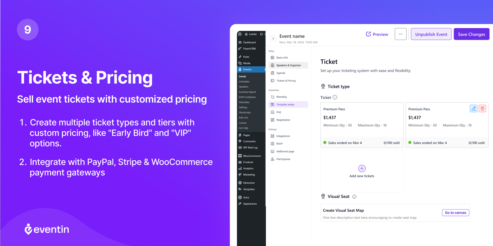 Eventin ticket configuration screen showing multiple ticket tiers including General Admission, Early Bird, and VIP options, each with individual pricing, capacity limits, and sale date controls