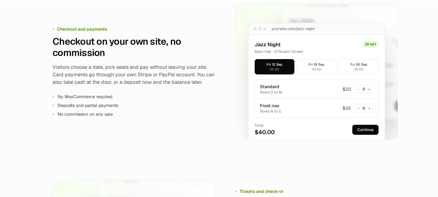 Eventnetic checkout screen showing seat and ticket selection with no commission