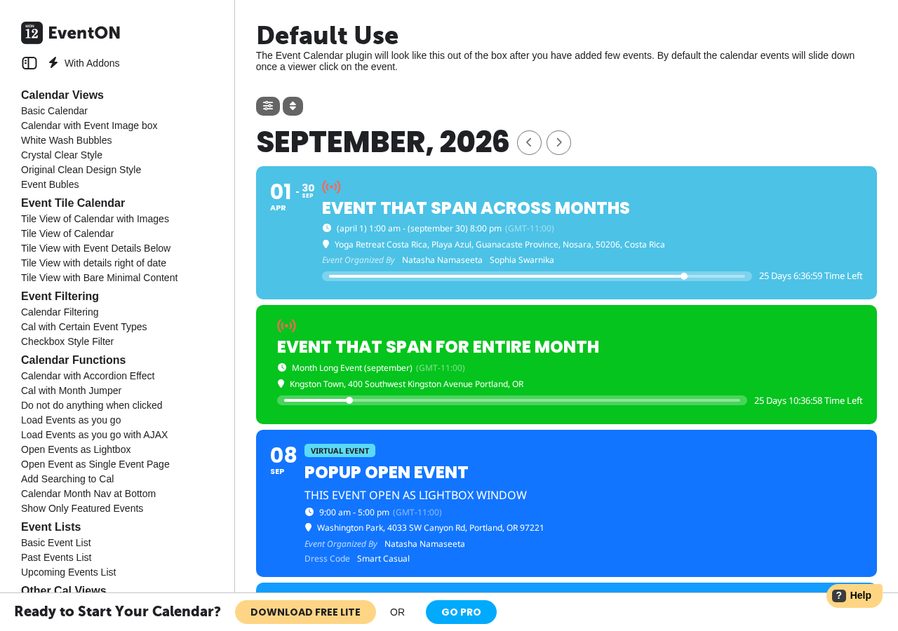 EventON demo page showing multiple calendar view style options including the default accordion view, tile view with images, bubble style view, and the schedule view layout, with month navigation controls visible at the top