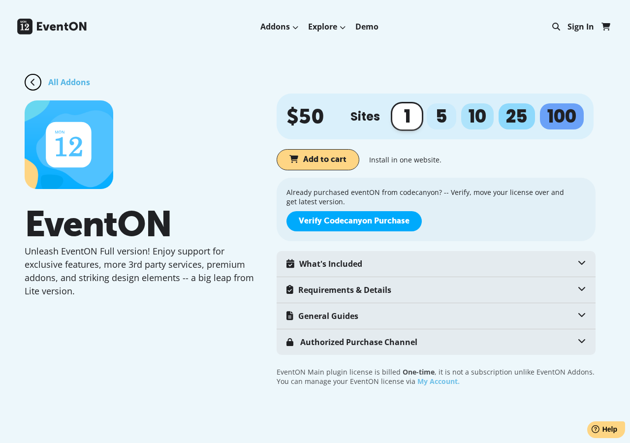 EventON Full pricing section at myeventon.com/full showing one-time purchase options: 1 site for $50, 5 sites for $150, 10 sites for $250, 25 sites for $500, and 100 sites for $1,000