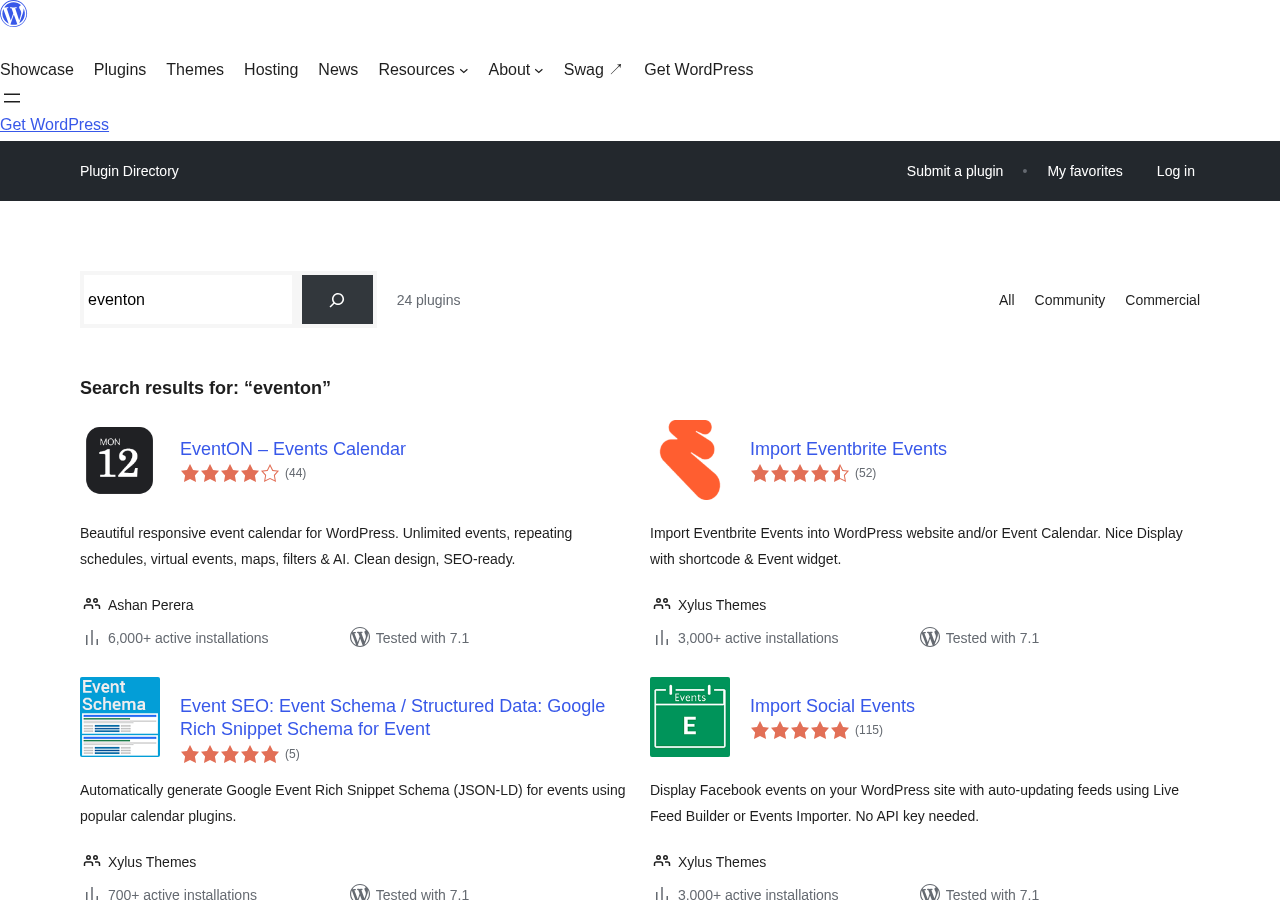 EventON Lite plugin listing on WordPress.org showing the plugin name, developer Ashan Perera, 6,000+ active installations, and the description highlighting unlimited events, repeating schedules, virtual events, maps, filters, and AI capabilities