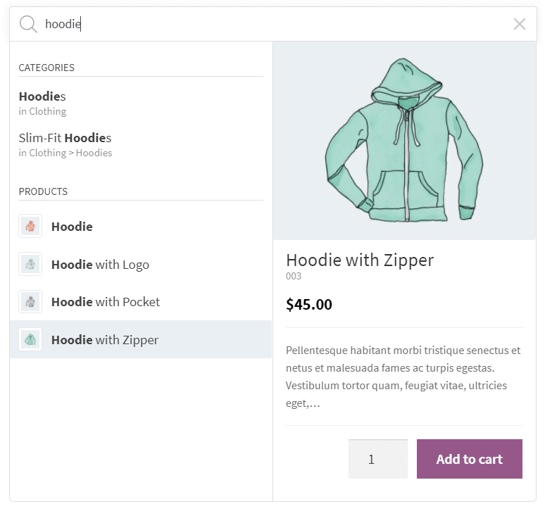 FiboSearch search bar form style options showing the Solaris and Pirx themes with different visual appearances for the WooCommerce search widget.