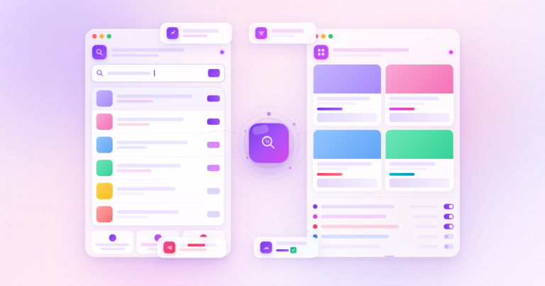 FiboSearch Review 2026 featured banner for best-wordpress-plugins.com showing abstract glassmorphism search autocomplete panels and product result cards in violet, fuchsia, and rose tones.