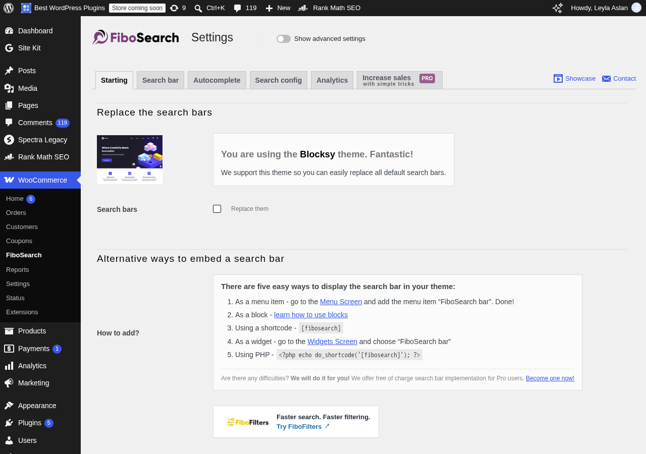 FiboSearch Settings admin panel showing the Starting tab with one-click theme replacement option, five embed methods (menu, block, shortcode, widget, PHP), and navigation tabs for Search bar, Autocomplete, Search config, and Analytics.