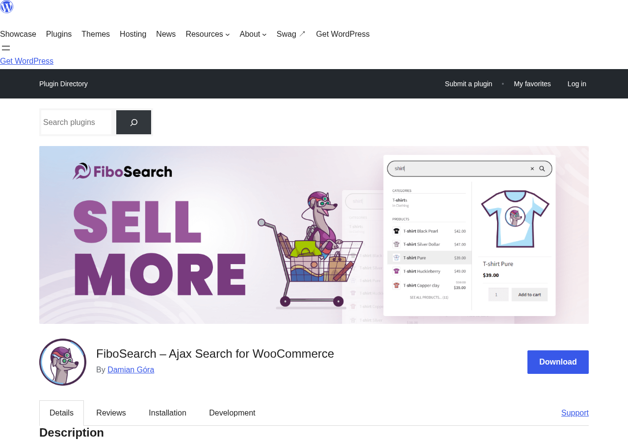 FiboSearch plugin listed on WordPress.org showing 100,000 plus active installs, 4.9 out of 5 stars from 1,814 reviews, version 1.34.2, tested up to WordPress 7.1, developed by Damian Gora.