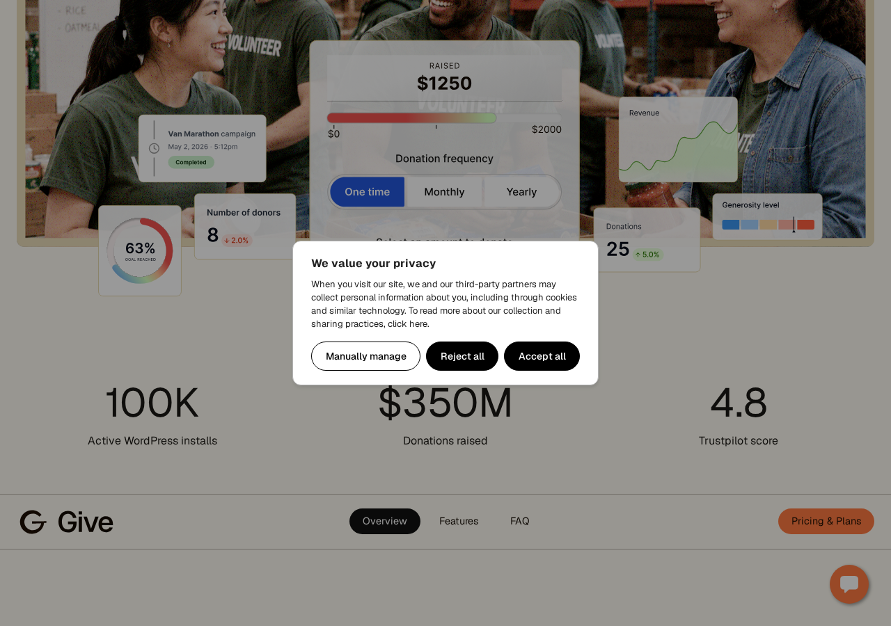 GiveWP features section showing campaign management, donor database, reporting, and payment gateway integrations.