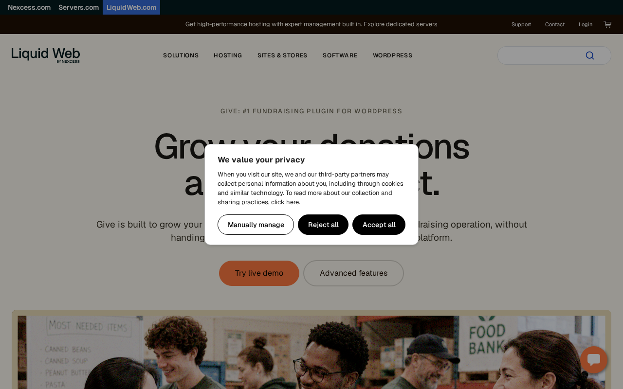 GiveWP product page on liquidweb.com showing the tagline Grow your donations and your impact alongside statistics: 100,000 plus active WordPress installs and 350 million dollars in donations raised.