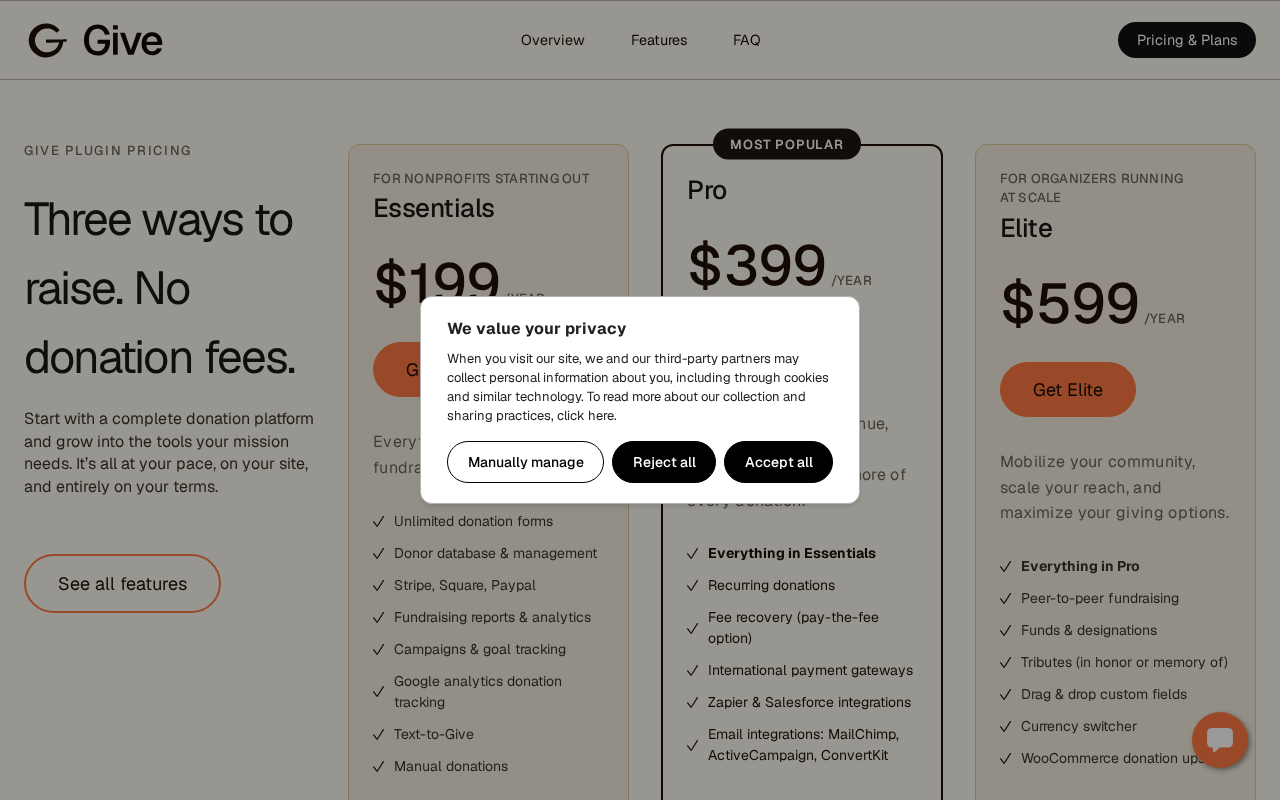 GiveWP pricing section showing three plans: Essentials at 199 dollars per year, Pro at 399 dollars per year marked most popular, and Elite at 599 dollars per year.
