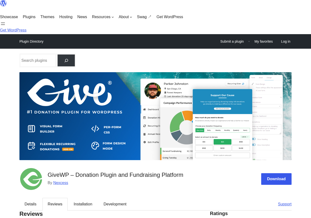 GiveWP reviews on WordPress.org showing a 4.6 out of 5 star rating from 707 reviews with recent praise for support quality.