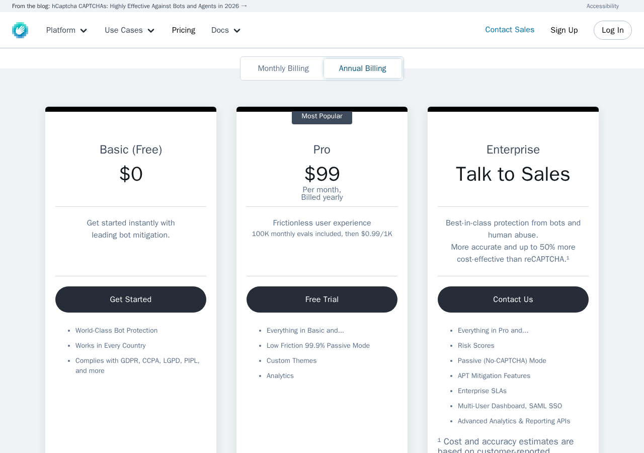 hCaptcha pricing page showing the Basic free plan, Pro plan at 99 dollars per month billed annually, and Enterprise plan with custom pricing