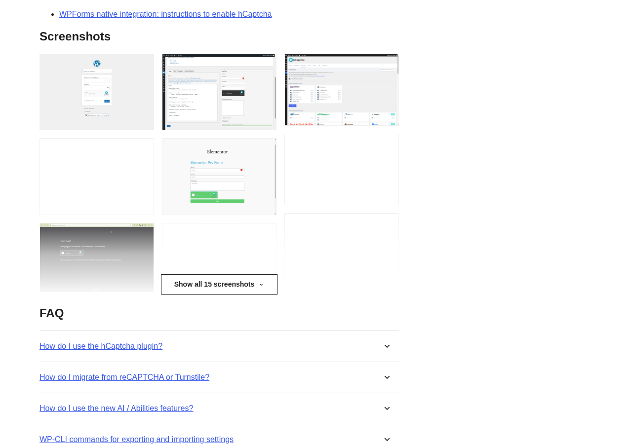 WordPress.org plugin page for hCaptcha for WP showing the screenshots section with the Integrations settings panel and Migration Wizard results