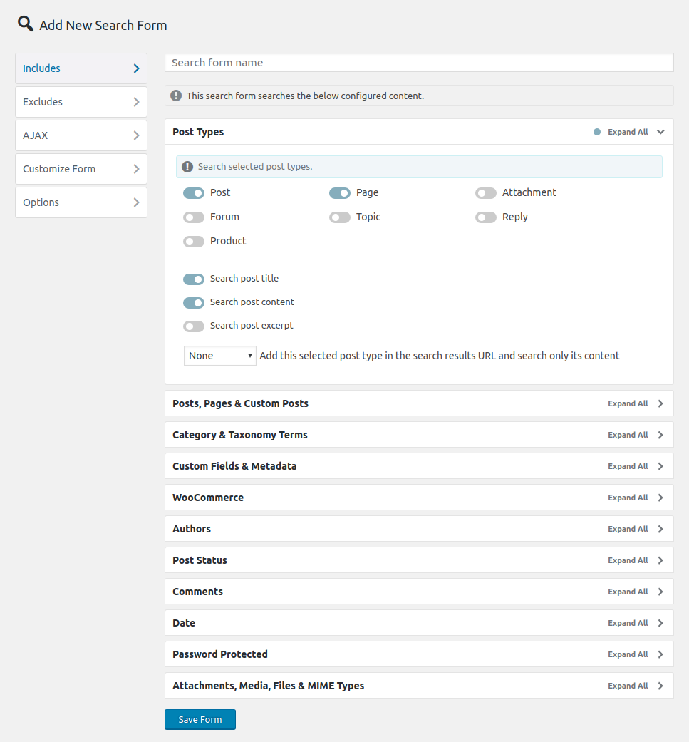 Ivory Search edit search form panel inside the WordPress admin, showing the configuration tabs for post types, search scope, AJAX settings, and display options.