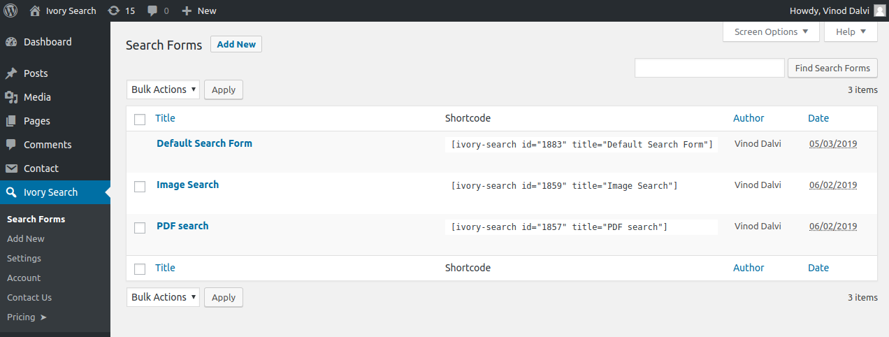 Ivory Search admin panel showing the Search Forms list view with multiple configured search forms, each with its name, placement, and enable or disable toggle.