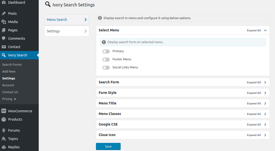 Ivory Search plugin settings panel in the WordPress admin, showing global configuration options for search behavior, analytics, and integration settings.