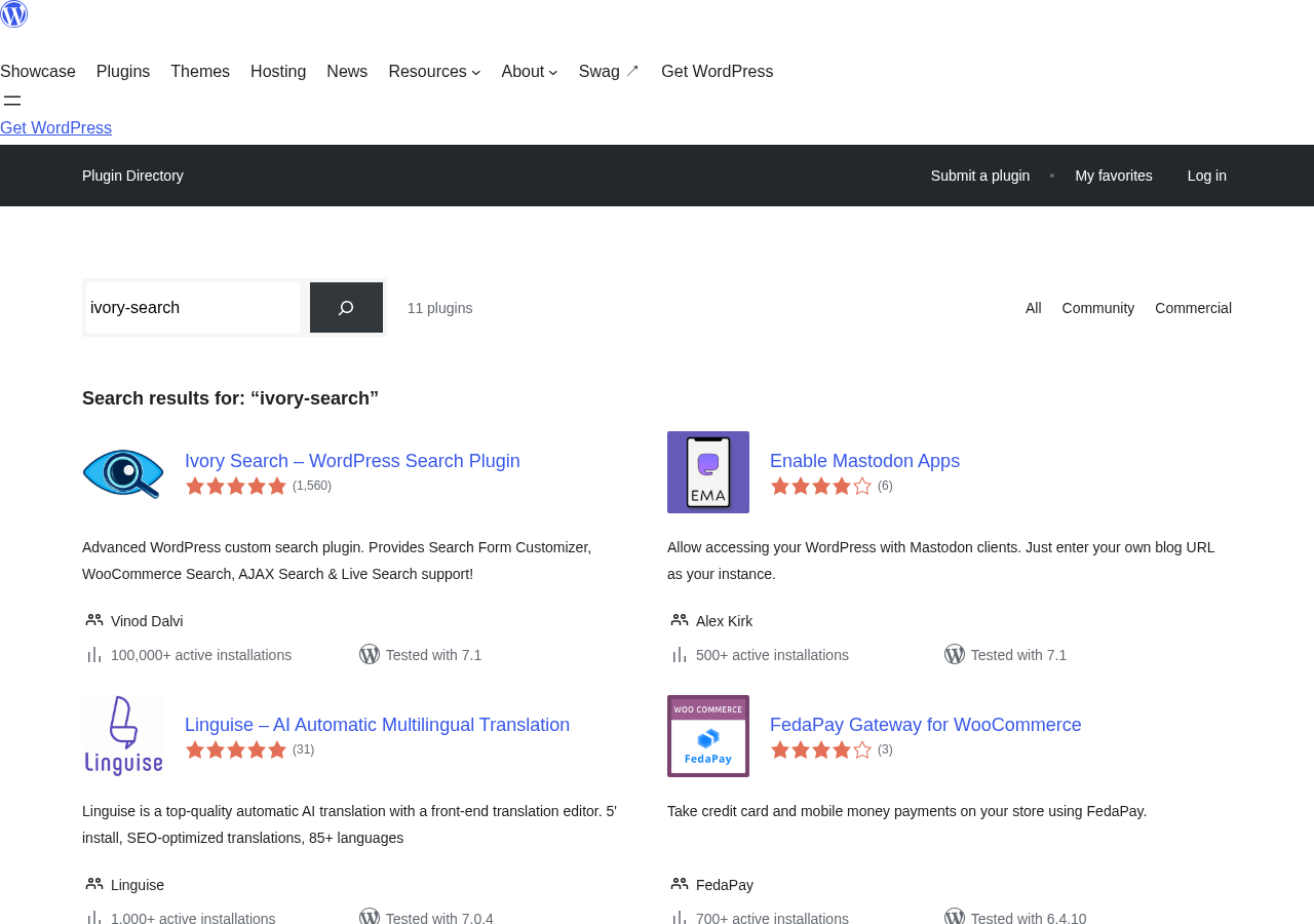 Ivory Search plugin listed on WordPress.org showing 100,000 plus active installs, 98 out of 100 rating from 1,560 reviews, version 5.5.18, tested up to WordPress 7.1, developed by Vinod Dalvi.