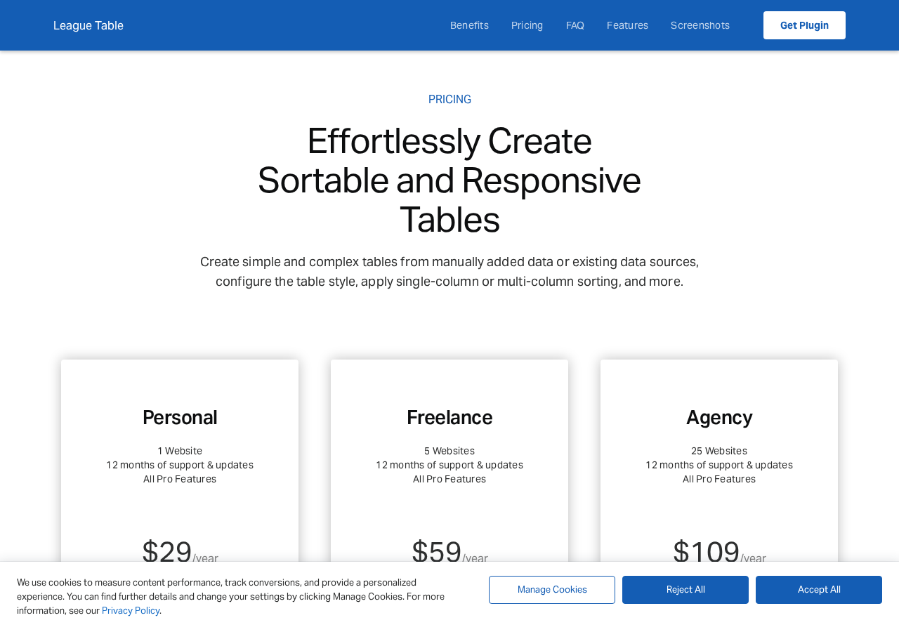 League Table Pro pricing page showing Personal Freelance and Agency plans
