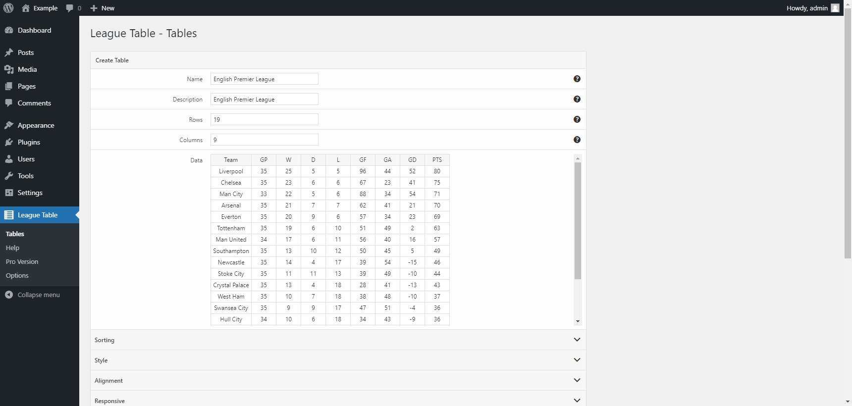 League Table plugin admin editor showing a Premier League standings table