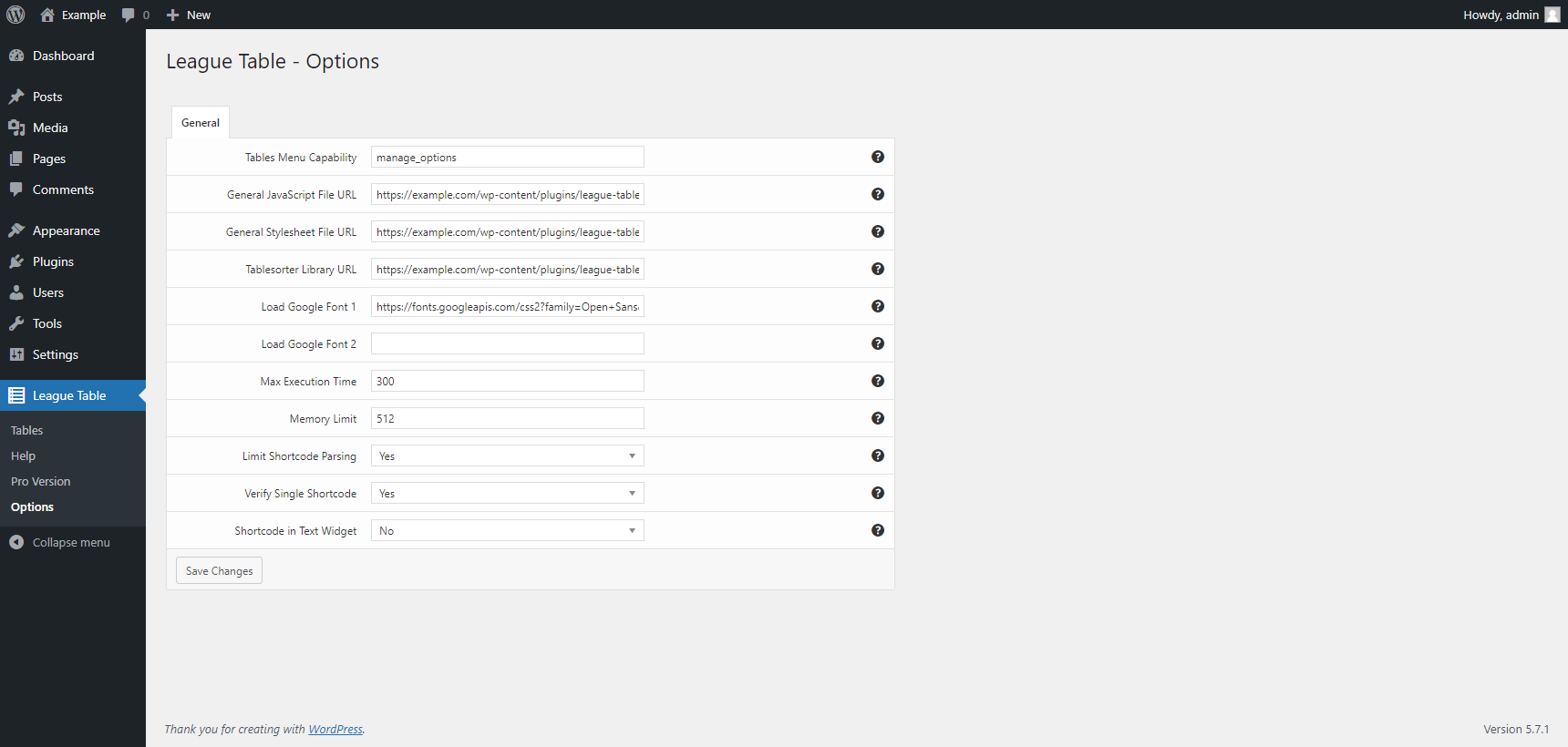 League Table plugin options menu in the WordPress admin