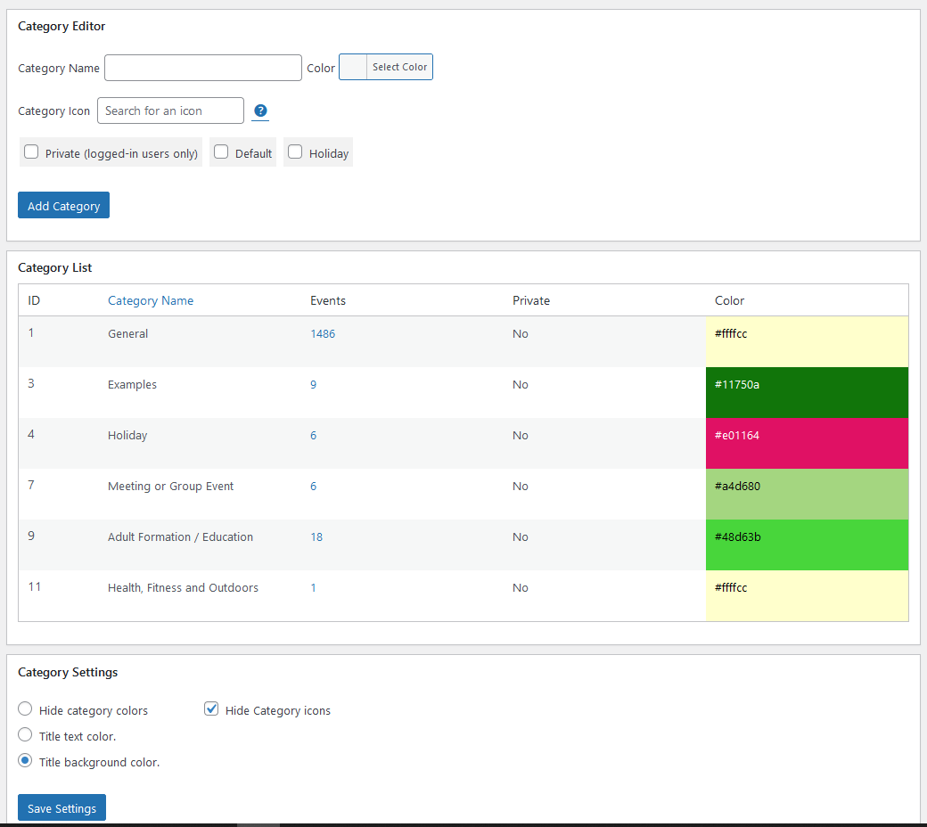 My Calendar category management page in WordPress admin showing event categories with their assigned colors and icons