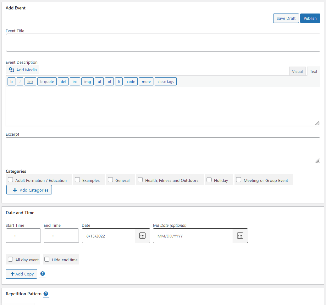 My Calendar event management page in WordPress admin showing the events list table with columns for event title, start date, end date, recurrence, category, and location