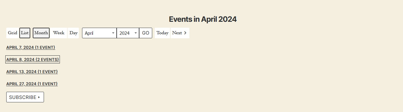 My Calendar list view showing upcoming events in a chronological agenda format with event title, date, time, and location for each entry