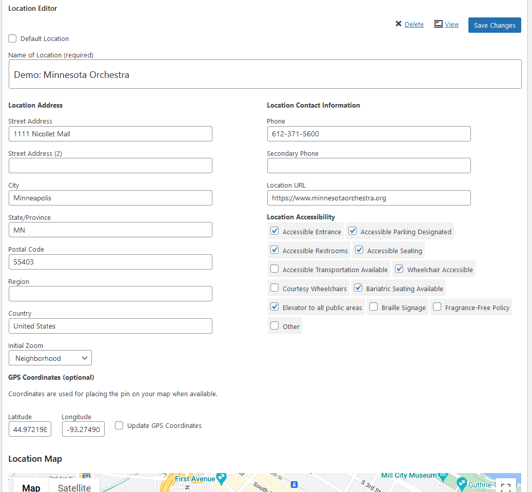 My Calendar location management page in WordPress admin showing a list of saved event locations with address details