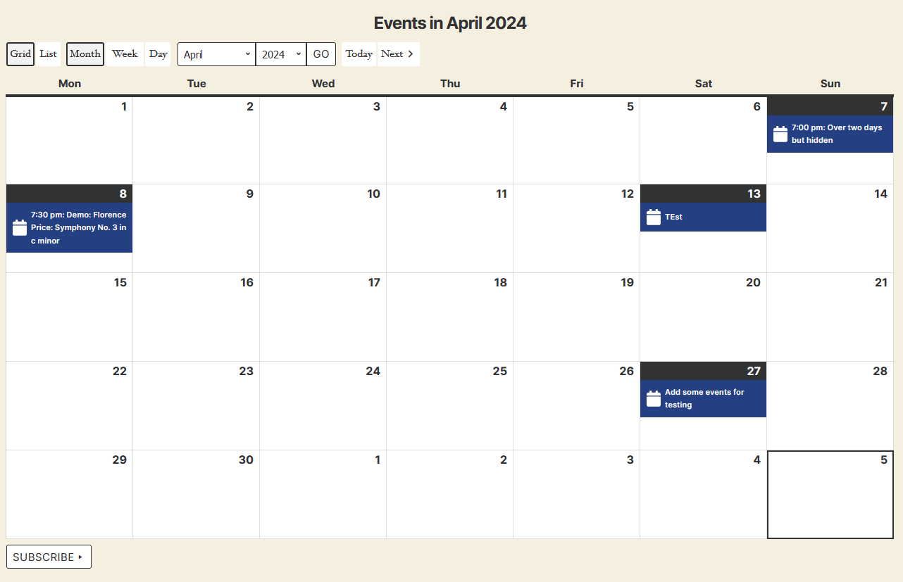 My Calendar monthly grid view on the front end showing a standard calendar month layout with event titles on date cells and category color legend
