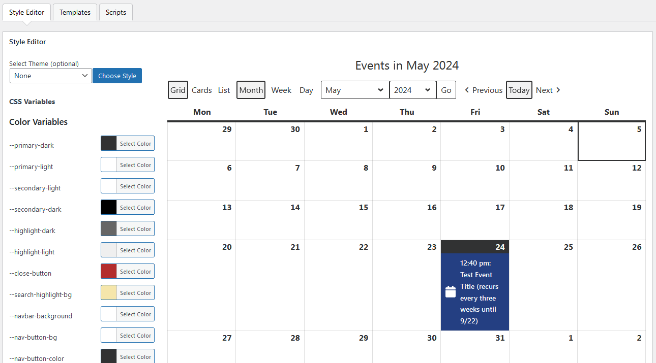 My Calendar style editing interface in WordPress admin showing CSS customization controls for adjusting the calendar appearance including colors, fonts, and layout properties