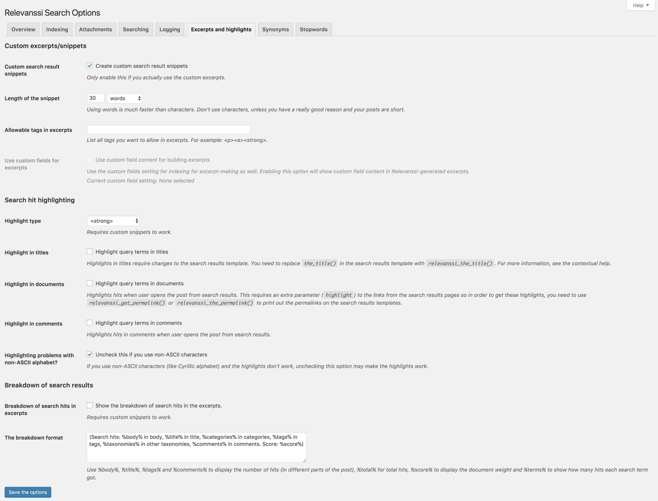 Relevanssi excerpt and highlighting settings page in the WordPress admin, showing controls for excerpt length, highlight tags, and custom excerpt configuration options.