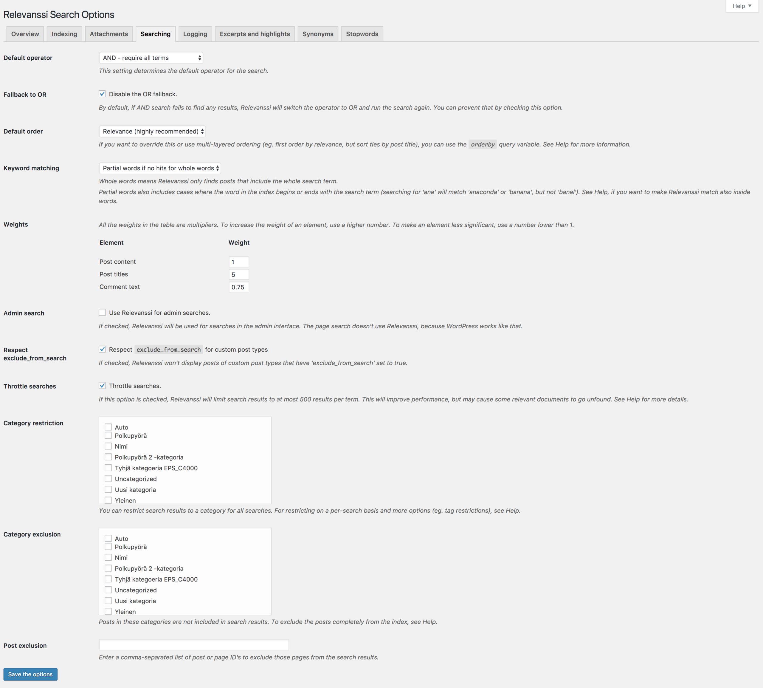 Relevanssi searching settings panel inside the WordPress admin, showing controls for AND/OR operators, partial matching, result ordering, and relevance score weights.