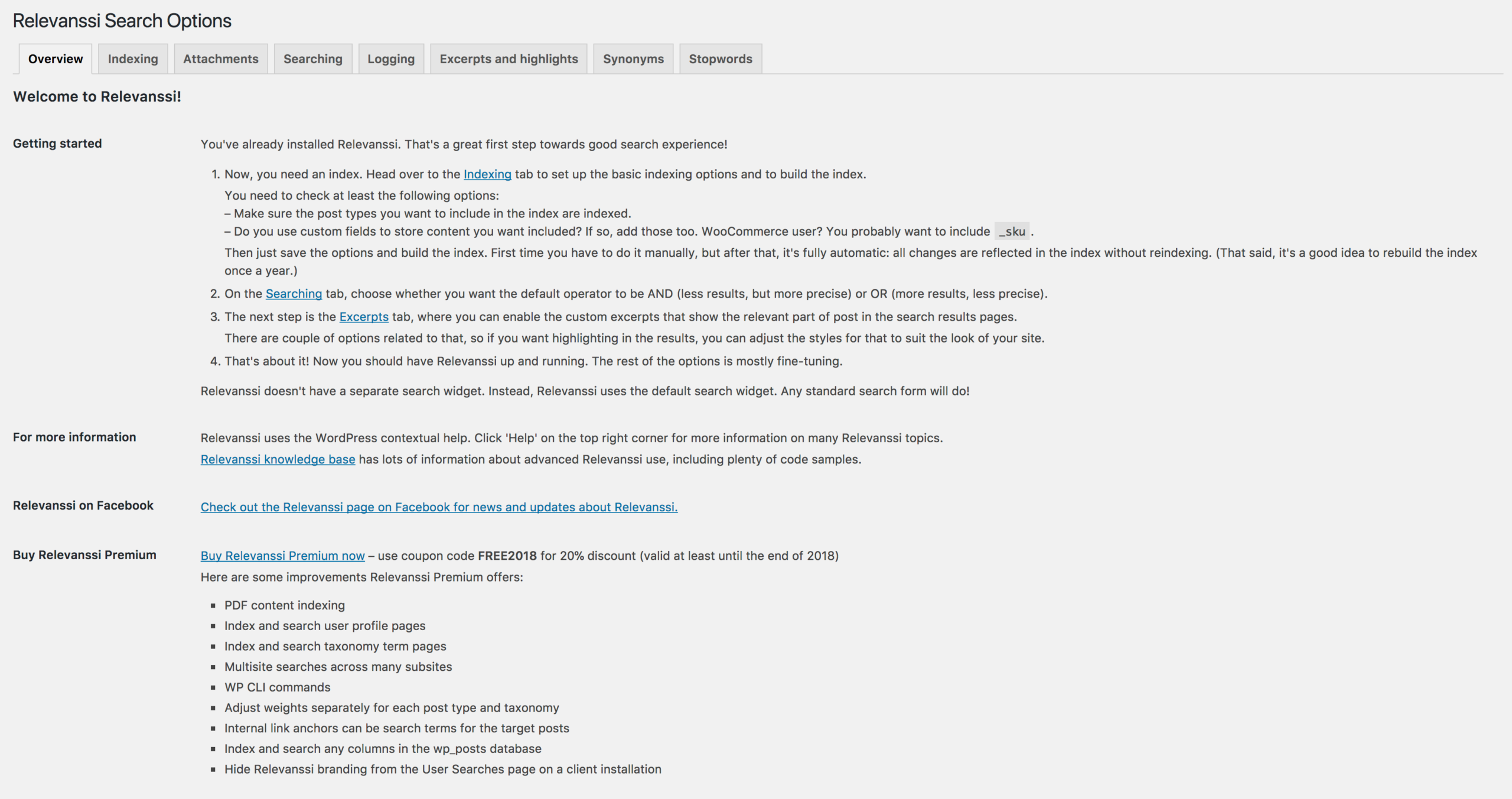 Relevanssi settings overview page inside the WordPress admin, showing the main control panel with indexing status, search configuration options, and active plugin version.