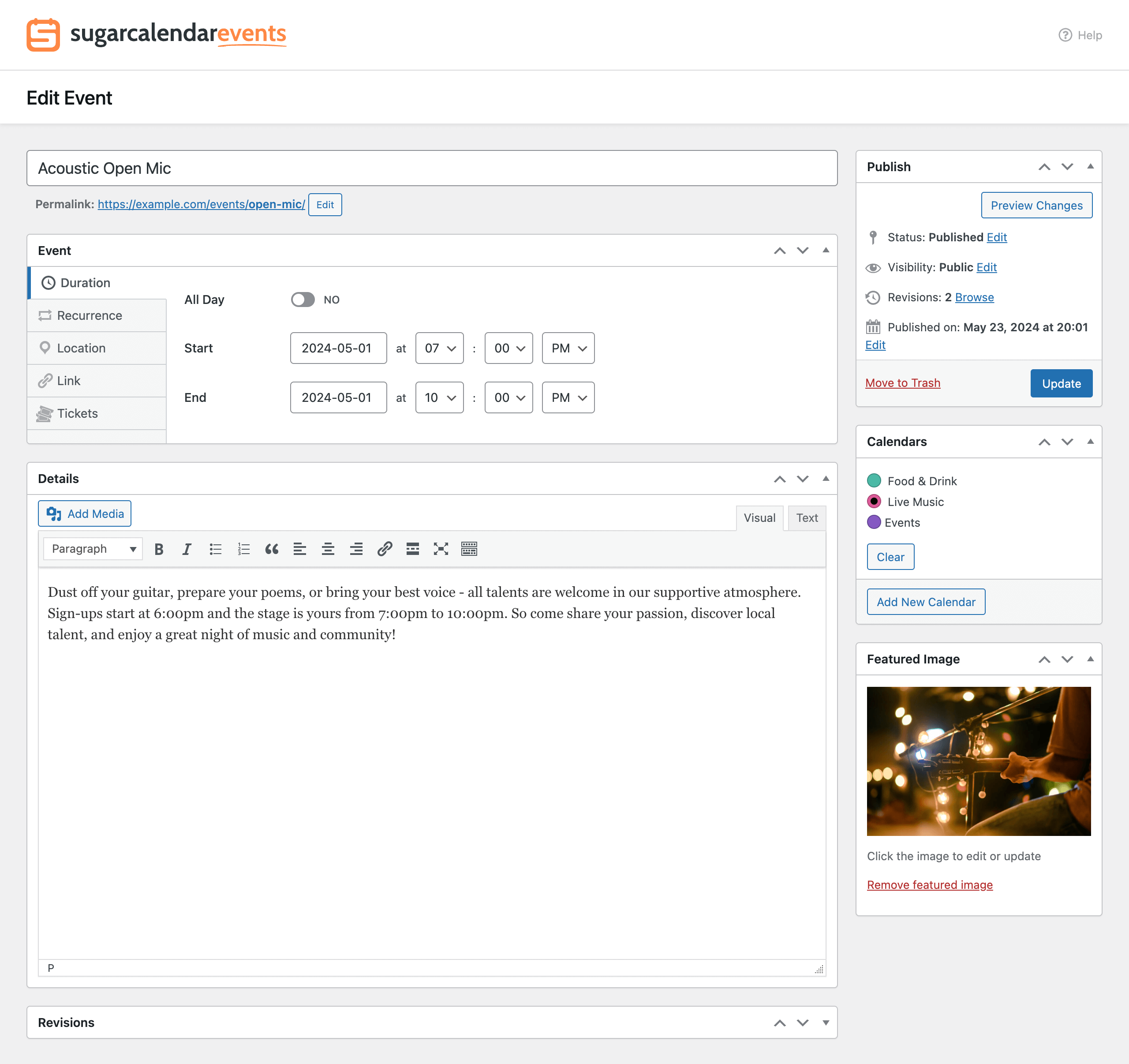Sugar Calendar events list in WordPress admin showing a table of events with columns for event title, calendar category with color badge, start date and time, and end date and time, with a standard WordPress list table toolbar