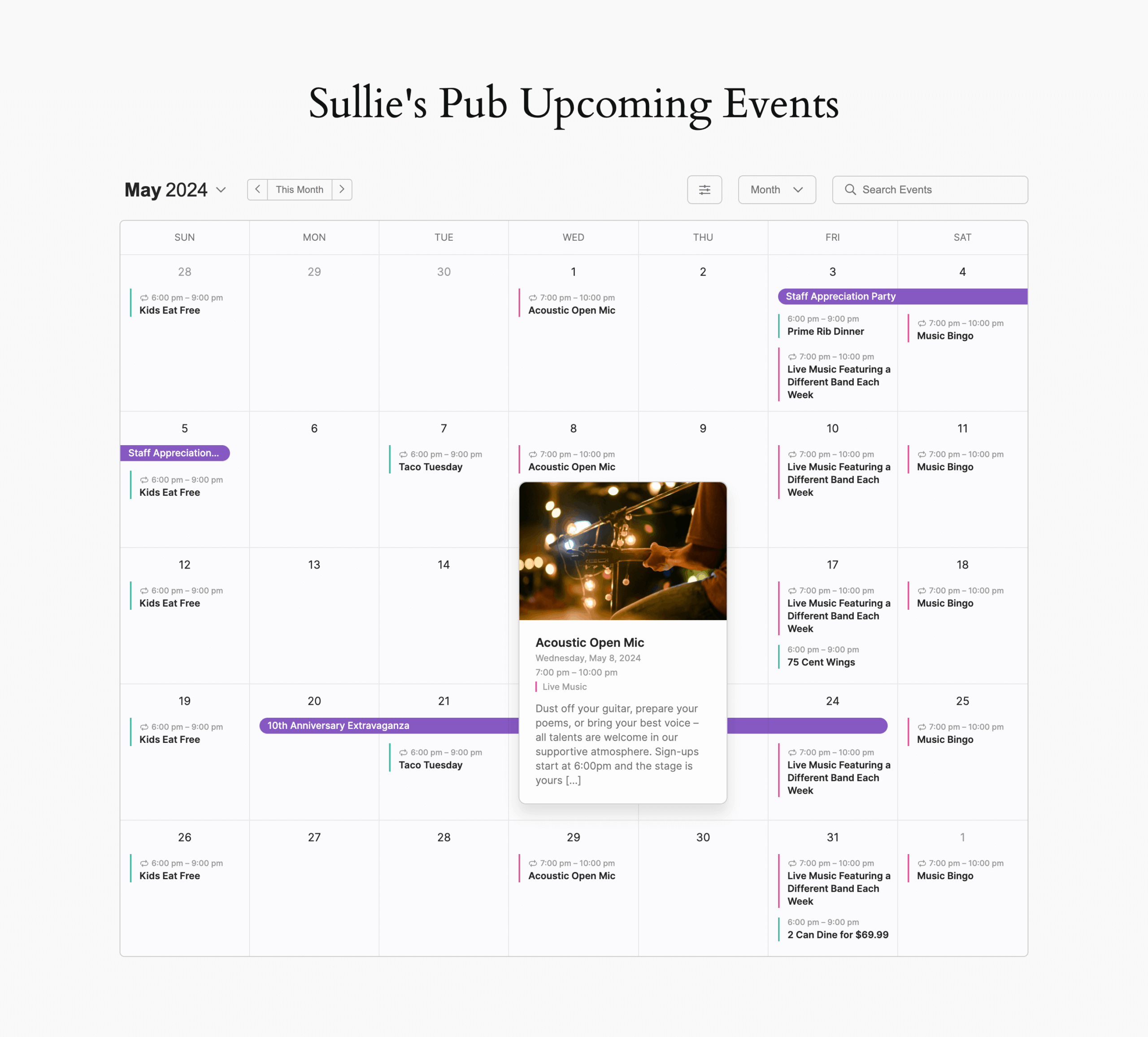Sugar Calendar month view showing a monthly calendar grid with color-coded event category dots, event titles on their calendar dates, and a month/week/day/list view switcher above the calendar