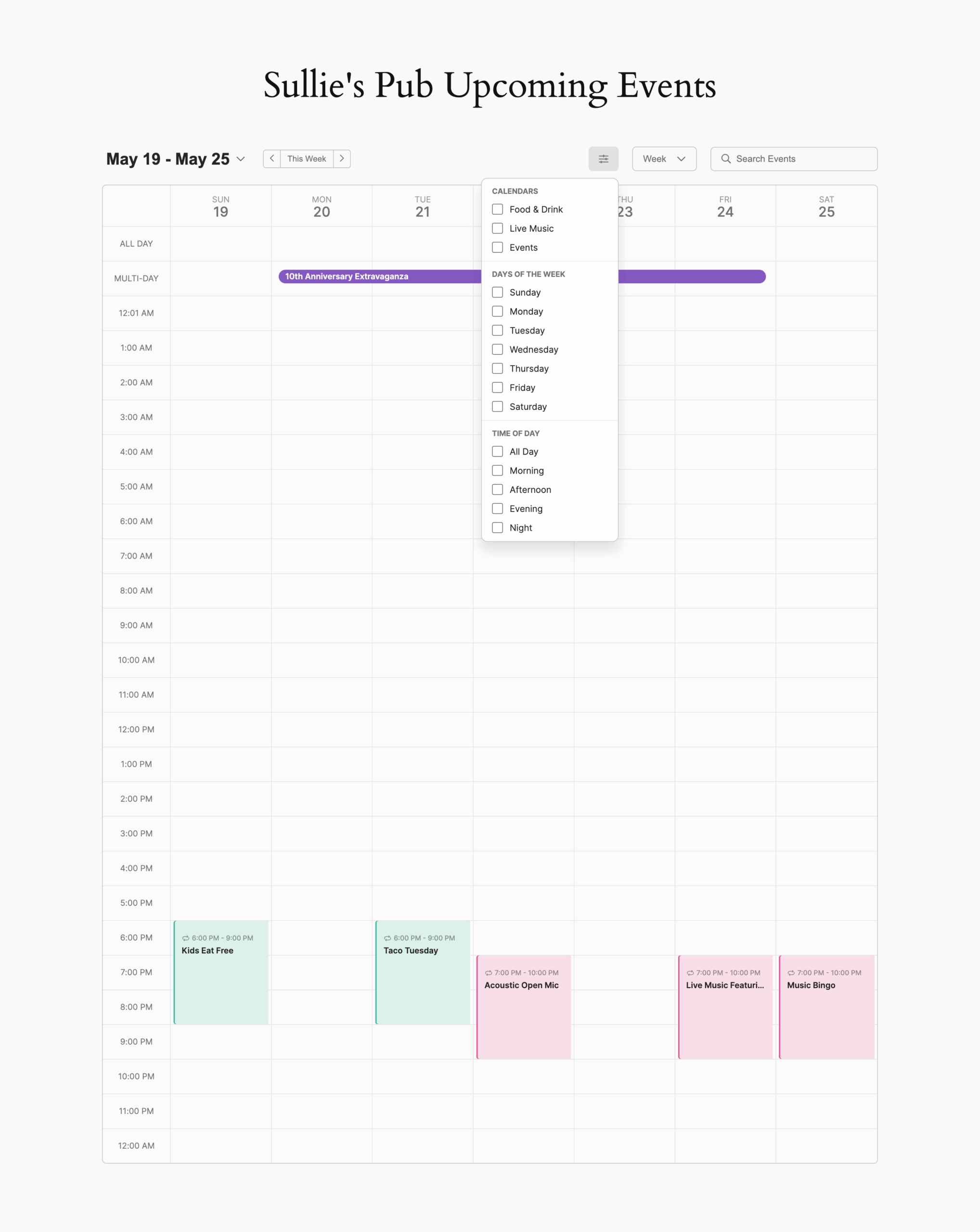 Sugar Calendar event editor in WordPress admin showing the event title field, description block editor, event details panel with start date, end date, start time, end time fields, an all-day toggle, and a calendar selector