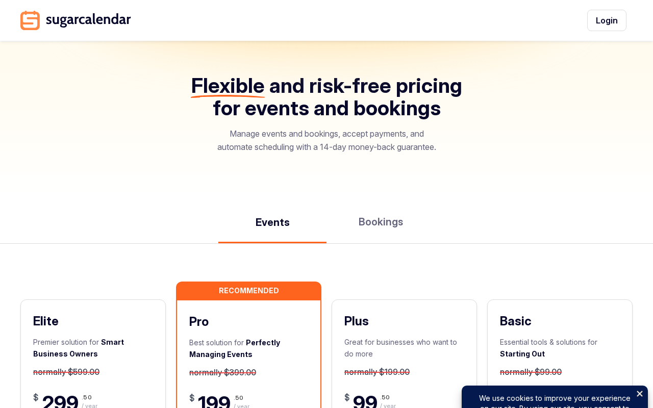Sugar Calendar pricing page on sugarcalendar.com showing four annual plans: Basic at $49.50/year for 1 site, Plus at $99.50/year for 1 site, Pro at $199.50/year for 3 sites, and Elite at $299.50/year for 10 sites, with a note that intro pricing applies to the first year