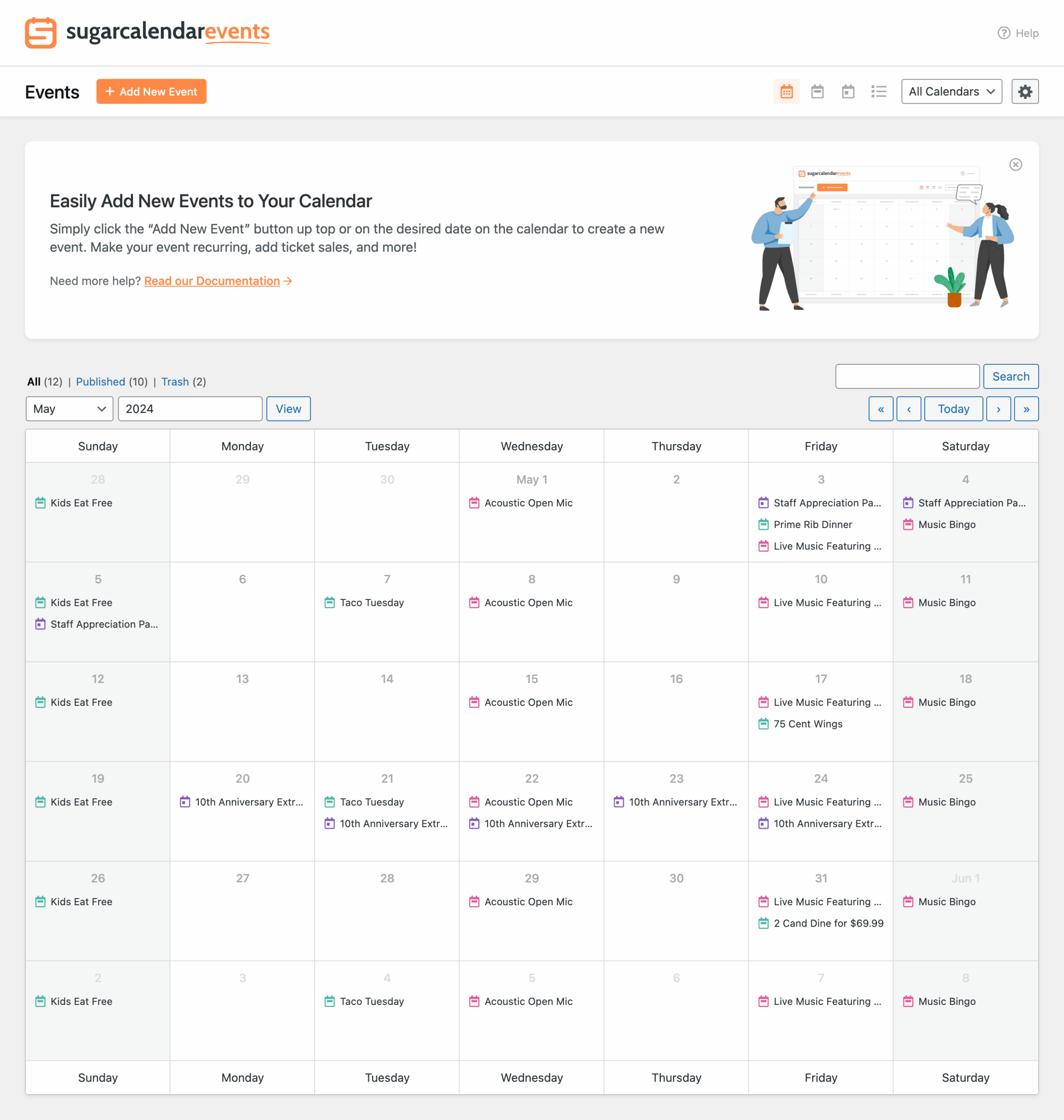 Sugar Calendar ticketing settings panel in WordPress admin showing a Stripe connection status indicator, an enable ticketing toggle for the event, a ticket price field, and an attendee capacity field