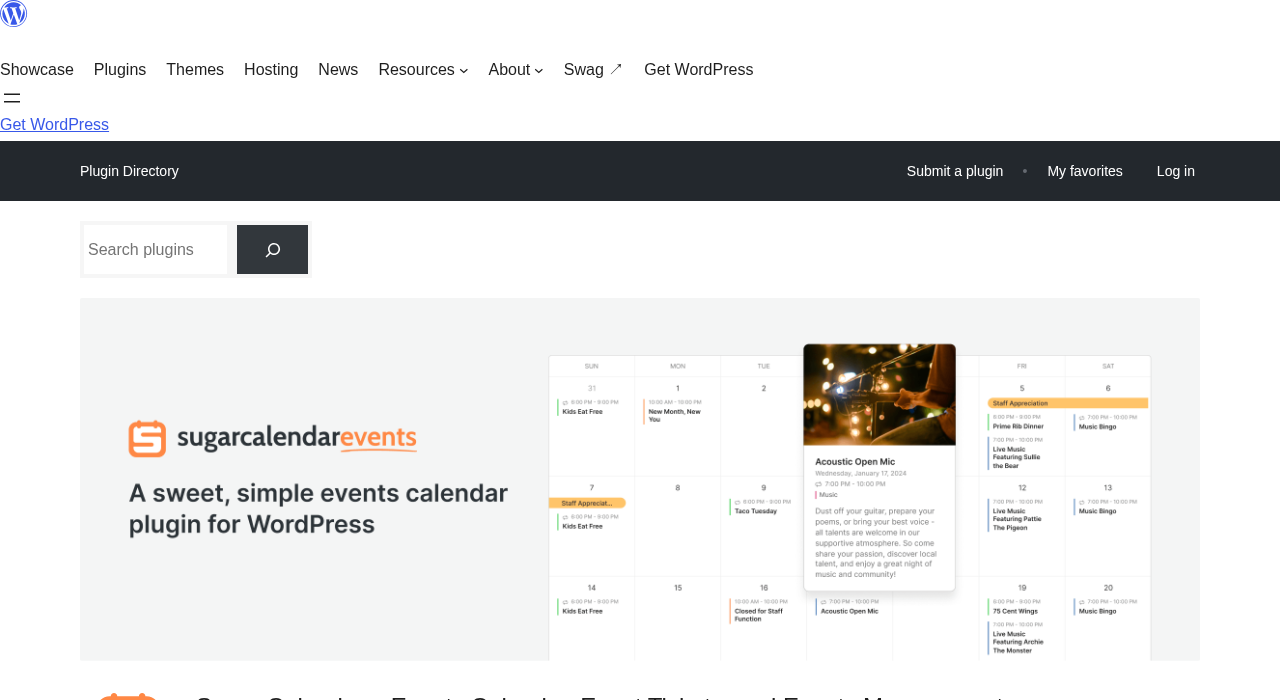 Sugar Calendar Lite plugin listing on WordPress.org showing version 3.13.0 updated August 24 2026, 10,000 or more active installs, and a 4.5 out of 5 star rating
