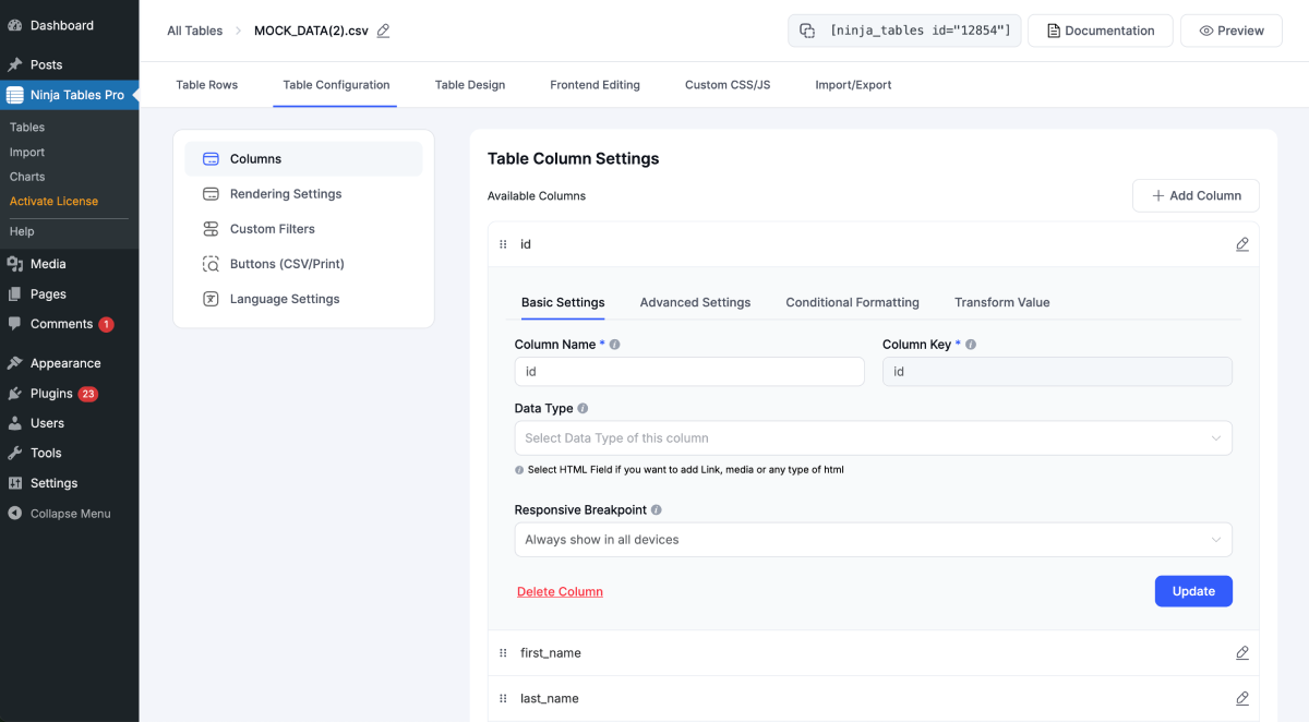 Ninja Tables backend column configuration screen