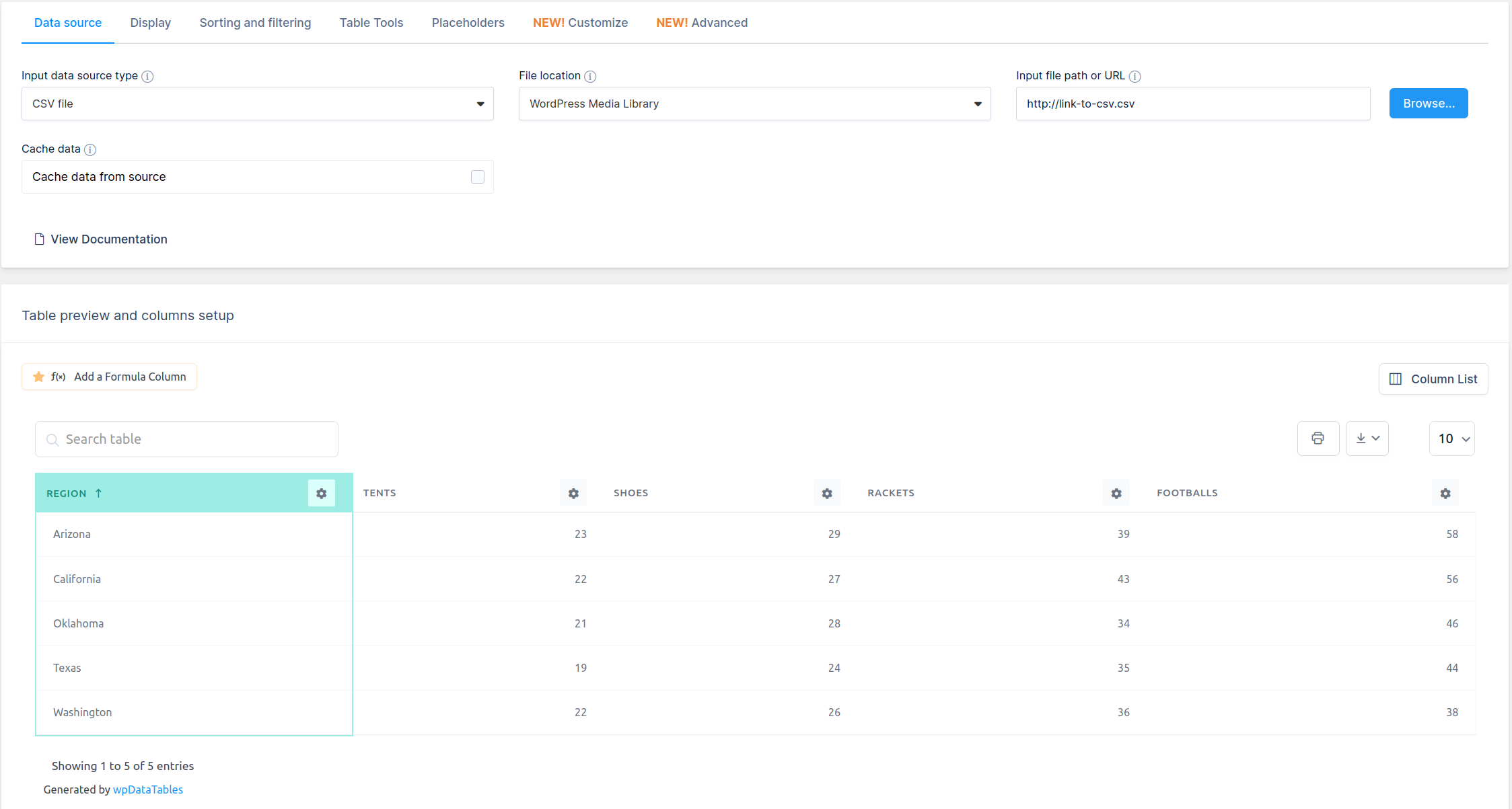 wpDataTables create table from data source screen