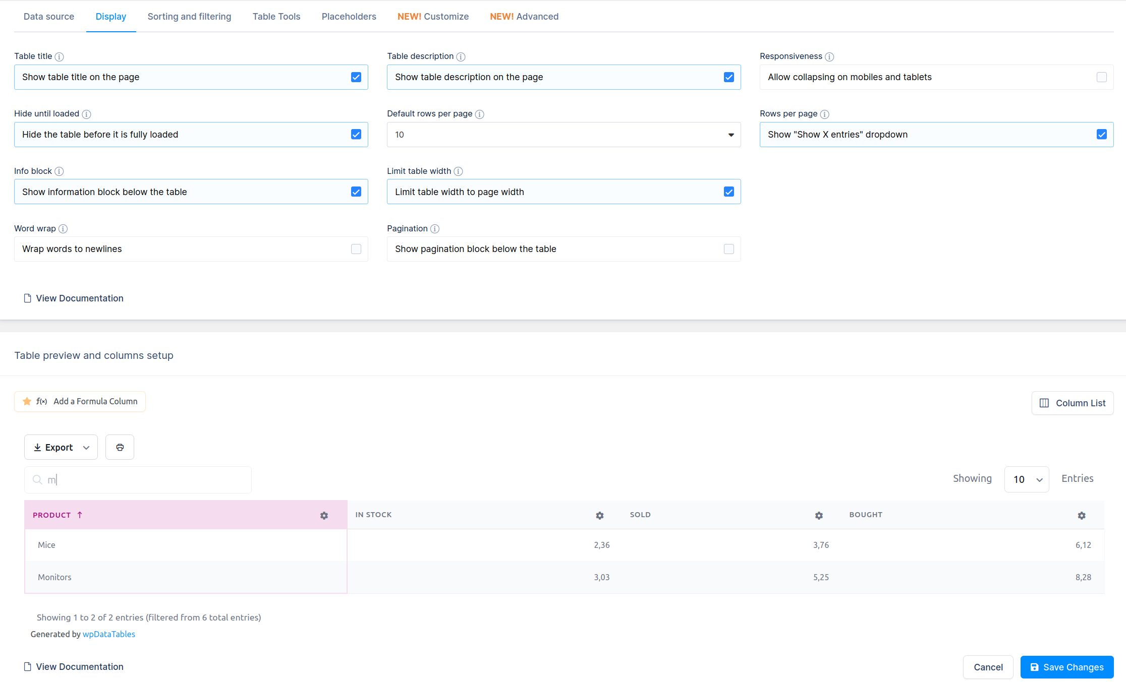 wpDataTables back-end table editor preview
