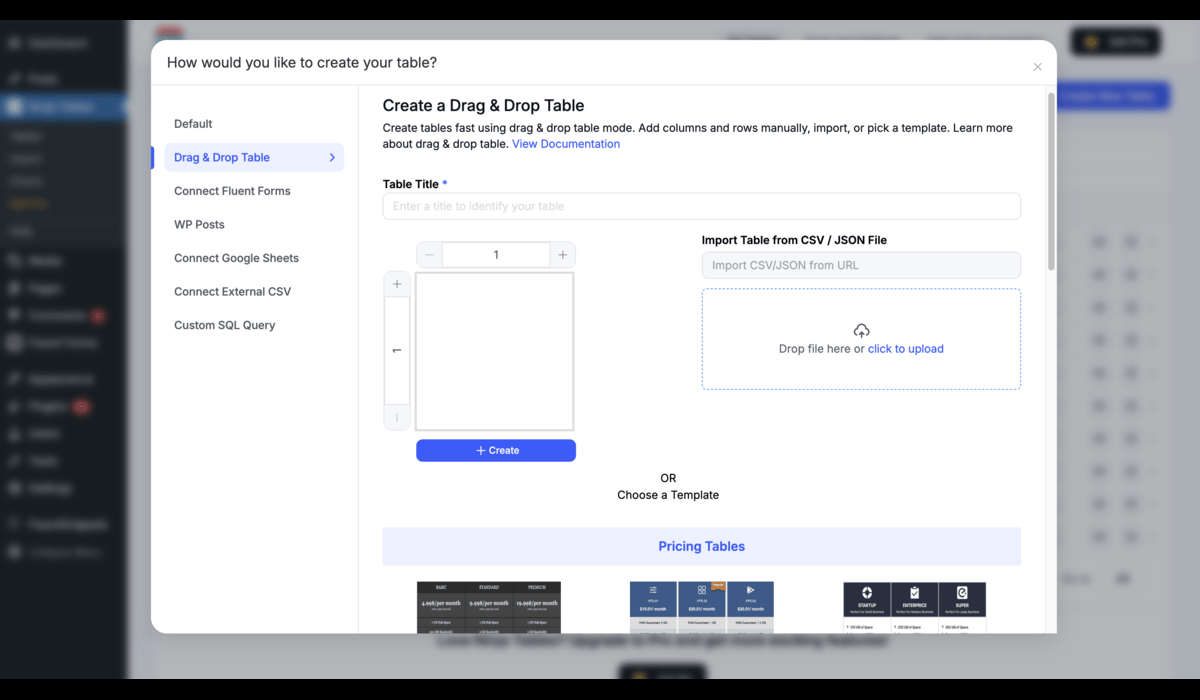 Ninja Tables drag and drop table builder interface