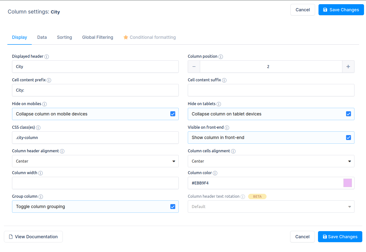 wpDataTables column settings and configuration panel